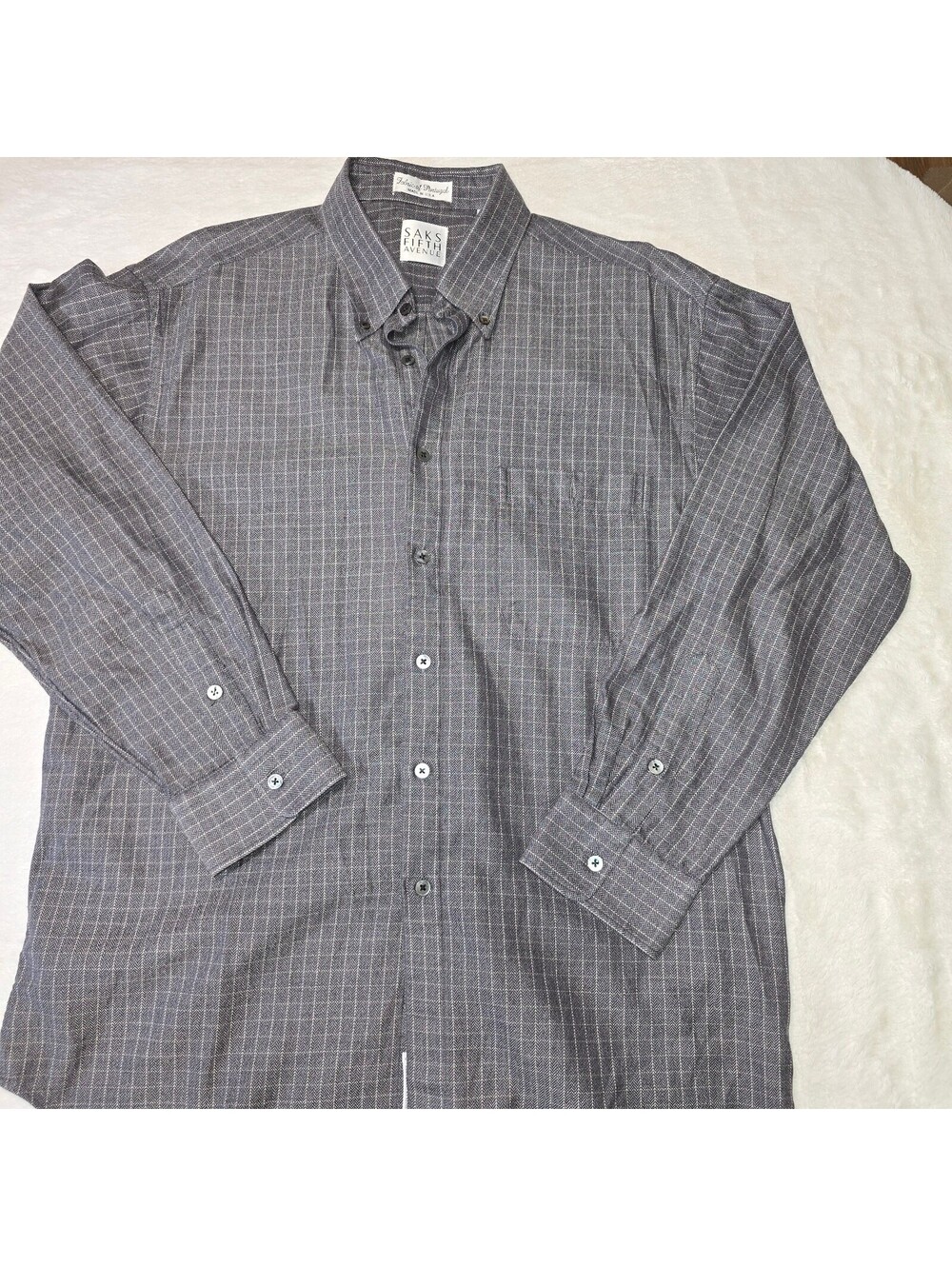 Vintage Saks Fifth Avenue Mens Shirt L Gray Herringbone Pinstripe Made In USA L